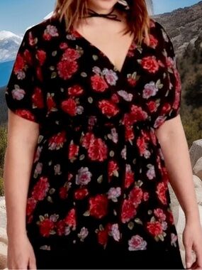 Torrid Top 3 Red and Black Floral Shirt Blouse Fairycore Whimsigoth Plus Size 3X